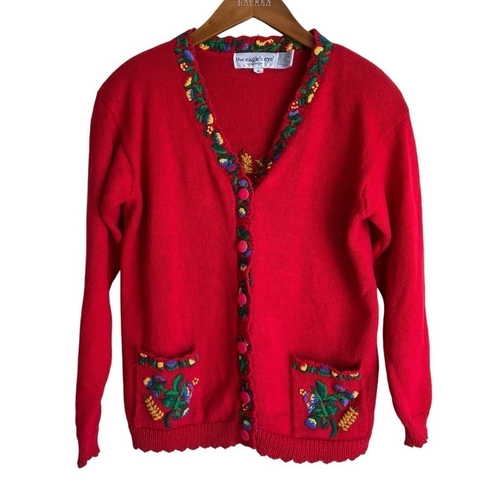 Vintage 90s Heavily Embroidered Floral Cardigan Folk Art Cottagcore Prairie S
